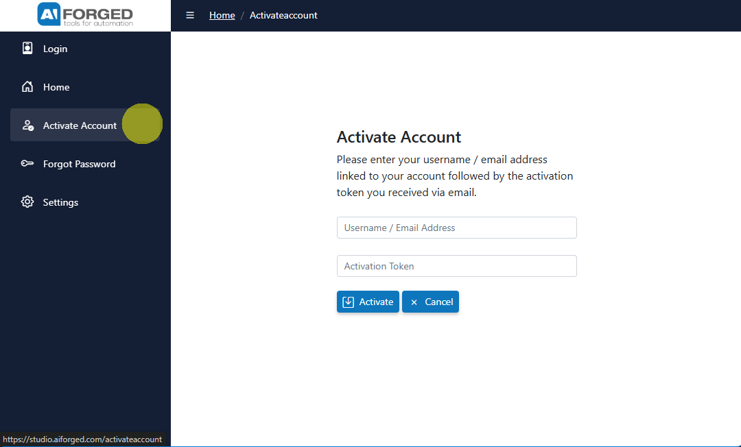 Activation screen example