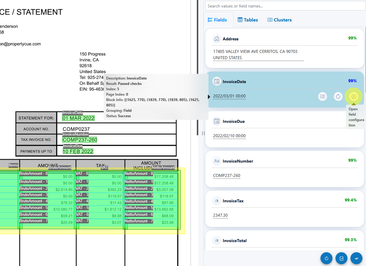 Open field configuration from Fields panel